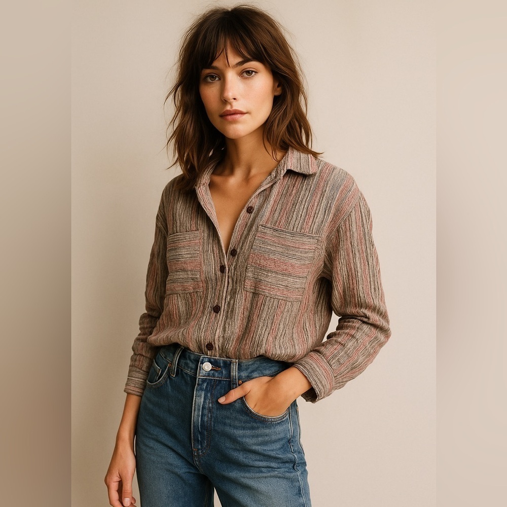 Free People High Tide Striped Button Down Top Large
